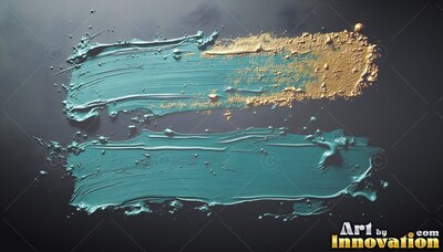 On a dark surface, thick teal paint strokes spread with gold flecks
