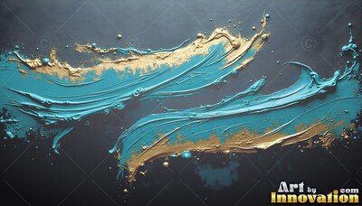 Sweeping across a dark backdrop, wet teal paint blends with metallic gold streaks