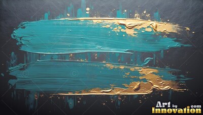 Two teal brush strokes with gold edges on black canvas