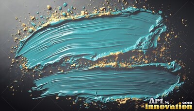 Thick bristle ridges mark two teal paint smears across a black surface with gold dust