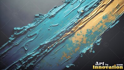A rich sweep of teal paint spreads across black, catching the light alongside ridges of gold