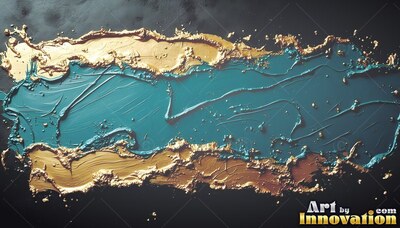 Stretching horizontally across a dark surface, wet teal paint borders rough gold edges