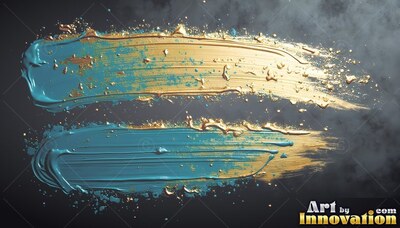 Two thick brushstrokes of teal and golden paint across a dark surface