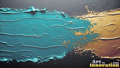 On a dark backdrop, thick teal and gold paint flows across the center