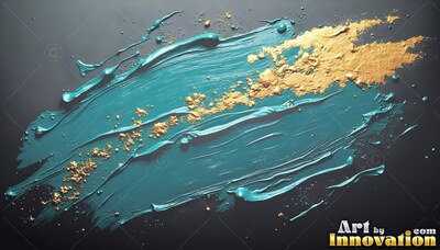 Sweeping across dark gray, rich teal paint carries rough flakes of gold leaf