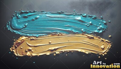 Teal and gold paint brushstrokes on a dark surface
