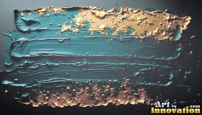 Deep teal paint ridges with textured gold edges spread across a dark background