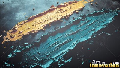 Thick teal and yellow paint smears across dark slate, catching soft overhead light