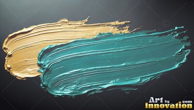 Angled diagonally across a dark background, thick teal and gold paint smears