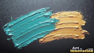 Thick gold and teal paint brushed across a dark textured surface
