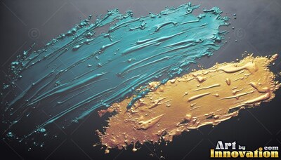 On a dark surface, thick teal and gold paint streaks lie side by side