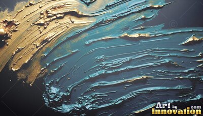 Sweeping across dark gray, thick wet teal and gold paint ridges show brush marks