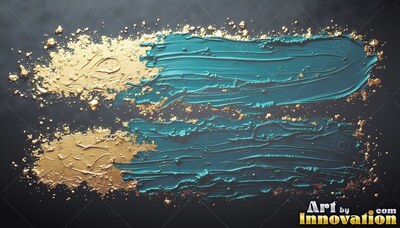 Heavy teal paint strokes with rough gold flecks on black