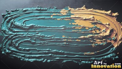 Thick ridged teal and yellow paint spreads across a flat black background