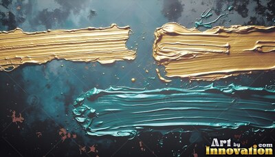 Thick gold and teal paint streaks across a dark surface, catching soft overhead light