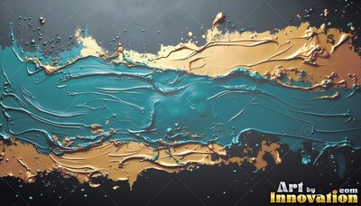 Flowing horizontally across a dark surface, thick teal and gold paint