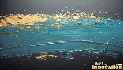 A thick stroke of teal paint with flecks of gold across dark gray