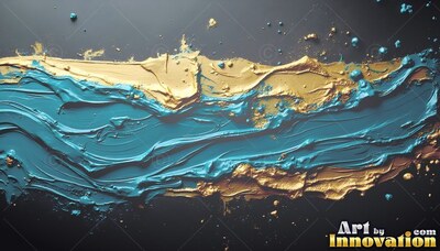 Across a black background, a thick stroke of teal paint mixed with gold ridges horizontally