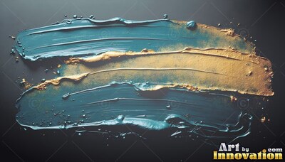 Sweeping horizontally, rich teal paint blends with a stripe of dry gold paste across black