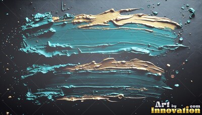 Two wet teal and gold paint strokes across a black surface
