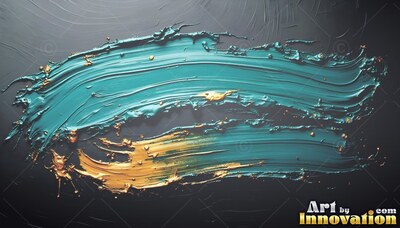 Ridged brush strokes of wet teal paint mixed with gold sweep across dark slate