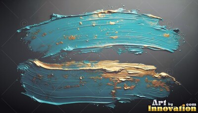 Teal paint strokes sweep horizontally across a dark backdrop with flecks of gold leaf