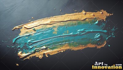 Angled across a black background, a thick stroke of teal paint mixed with gold
