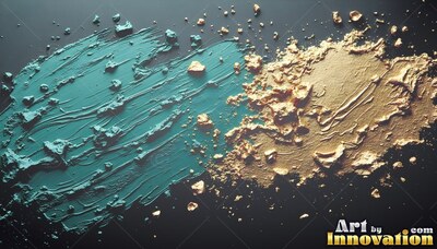 Thick teal paint smears into textured gold powder across a smooth black surface