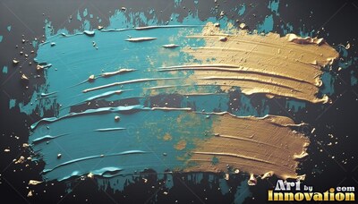 On a deep gray background, thick strokes of gold and teal paint sweep across