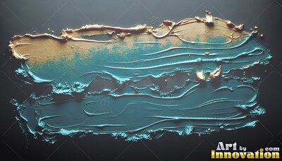 Sweeping across dark space, wet teal paint blends into gold ridges