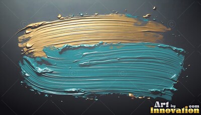 Gold and teal paint brushstrokes on a dark surface