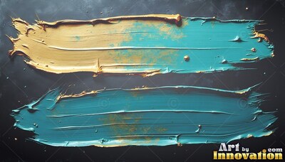 Thick ridges of gold and teal paint stretch across a flat black surface