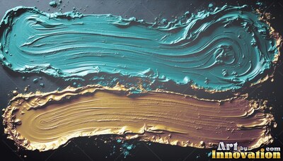 Teal and gold paint brushes across black paper, catching soft light on raised ridges