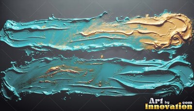 Stretching horizontally on dark gray, thick teal and gold paint strokes sweep across