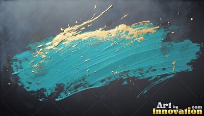 A deep teal paint brushstroke across a black background splashed with gold