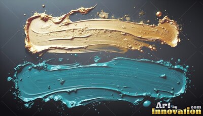 On a black surface, thick strokes of gold and teal paint lie side by side