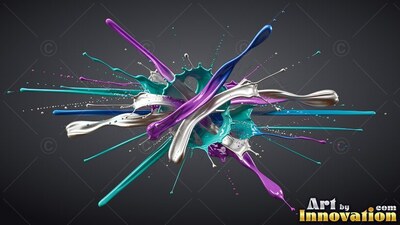Splashing outward, glossy teal, purple, and silver paint bursts over a dark backdrop