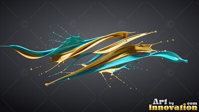 Teal paint mixed with gold splashes on top of plain dark gray background