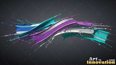 Splashes of teal, purple, and white paint swirl across a dark gray background with shiny highlights