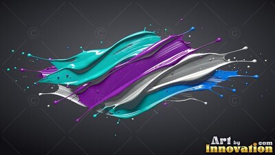 Splashed diagonally across a dark gray space, wet teal and purple paint strokes swipe across
