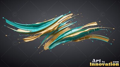 Splashes of glossy teal and gold paint swirl across a dark slate background