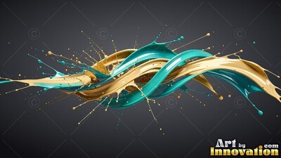 Against a dark gray backdrop, swirls of gold and teal paint twist together