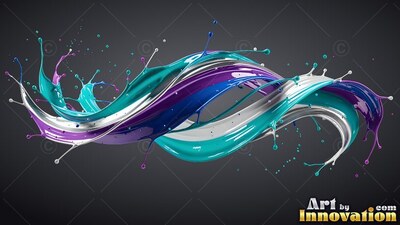 Twisting through dark space, glossy teal, purple, and silver paint splashes into droplets