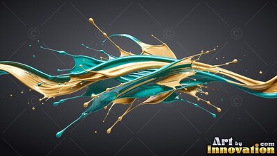Teal and beige paint splashing against a plain dark gray background