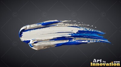 Against a dark background, a thick streak of white and blue paint runs across