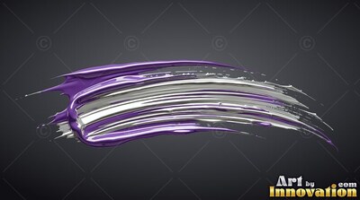 Curving across a dark gray background, a thick stroke of silver and purple paint sweeps to the right