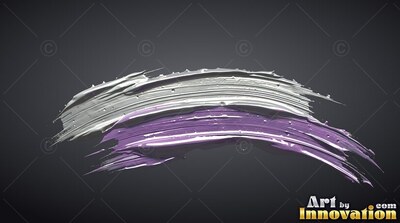 Thick white and purple paint strokes curve along a dark background