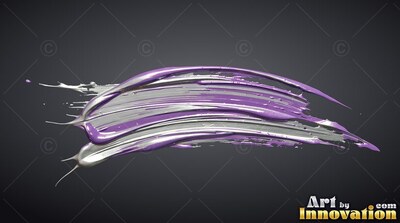 Curved streaks of glossy purple and bright silver paint sweep across a dark gray background