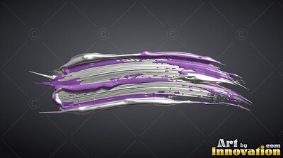 Thick glossy silver paint arches across a dark background, layered with bright purple streaks