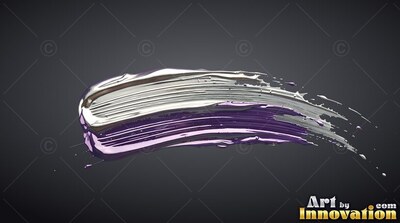 Curving horizontally against a dark background, a thick stroke of silver and purple paint